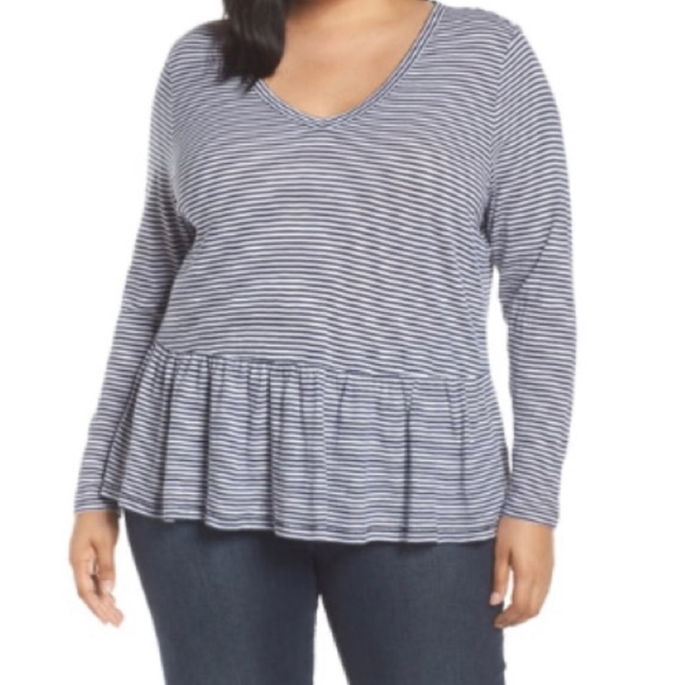 Caslon Peplum Top Women 1X Black White Stripe Long Sleeve V-Neck Casual